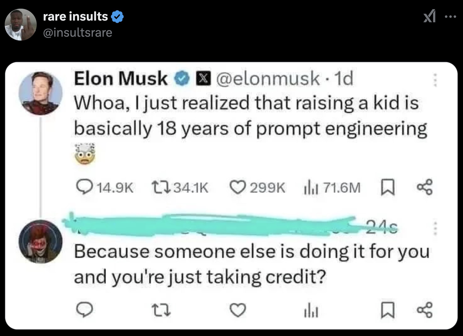 davido tweet about dammy krane - rare insults Elon Musk x . 1d Whoa, I just realized that raising a kid is basically 18 years of prompt engineering 71.6M 24s Because someone else is doing it for you and you're just taking credit? 27 B B